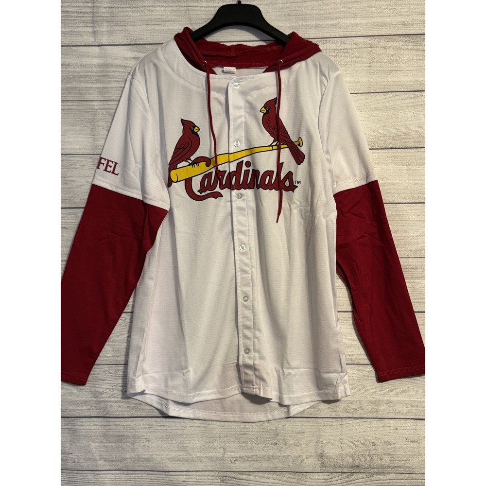🔥 St. Louis Cardinals LS Button Up Jersey Style Hooded Shirt Men's XL Tall